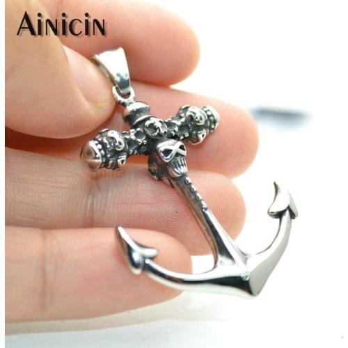 New Design 316L Stainless Steel Skull Head 35x45mm Big Size Anchor Pendants Fashion Mens Jewelry