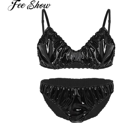 Sexy Mens Wetlook Black Faux Leather Ruffled Lingerie Set Male Sissy Latex Bra Tops With Bikini Briefs Underwear Stain Panties
