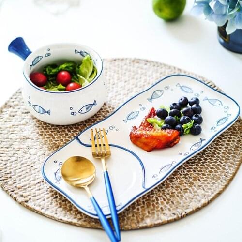 Breakfast Dishes and Dishes Set Household Creative Small Fish Dishes Divided Grid Japanese Fruit Tray Pottery Salad Plate