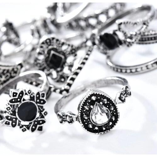 15PCS/Set Fashion Women Girl Black Rhinstone Crystal Midi Finger Ring Set Vintage Punk Knuckle Rings Jewelry