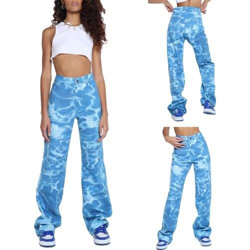 2021 New Women Loose Style Jeans, Blue Ripple Printed Pattern High Waist Denim Trousers Fashion All-match, XS/ S/ M/ L