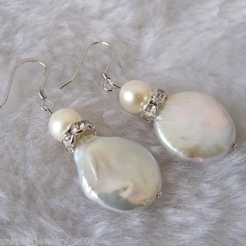 New Arrival Favorite Real Pearl Earring 7-14mm White Freshwater Pearl Coin Dangle Earring S925 Sterling Silver Hook Wedding Gift