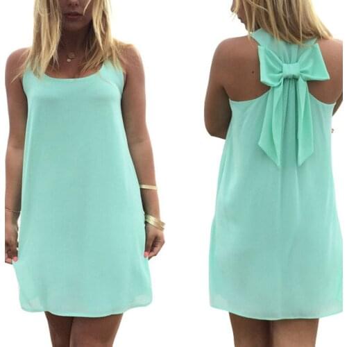 Solid Colors ladies Sexy Dress Above Knee Length Bow Backside Loose Style Summer Straps Sexy Chiffon Material Woman Clothes