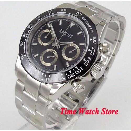 Solid 39mm PARNIS Quartz watch men waterproof steel bracelet 24 hours Chronograph black dial bezel luminous sapphire stop 1178