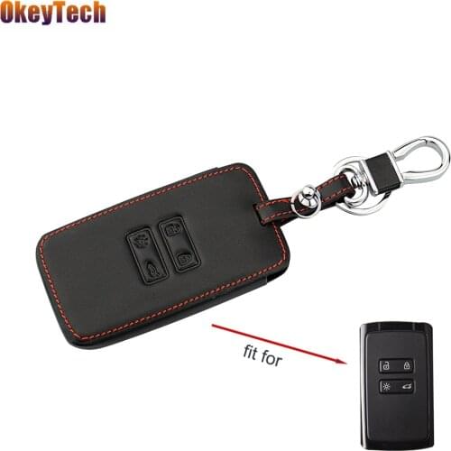 OkeyTech 4 Buttons Leather Car Key Cover Case For Renault koleos Kadjar 2016 2019 Auto Remote Key Protector With Key Chain