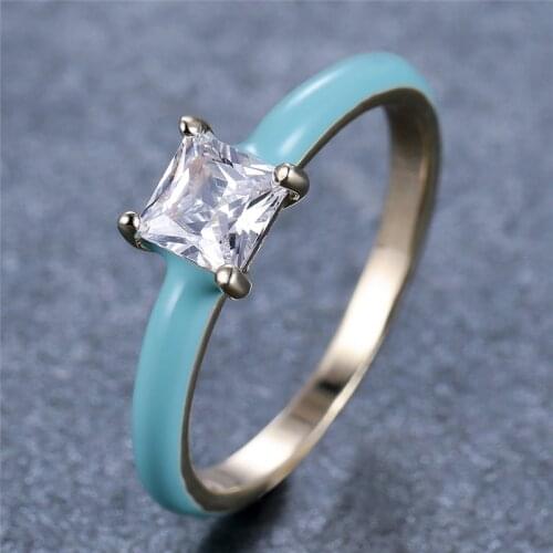 Luxury Female Blue Enamel Thin Ring Classic Gold Color Wedding Band Vintage Square Zircon Stone Engagement Rings For Women