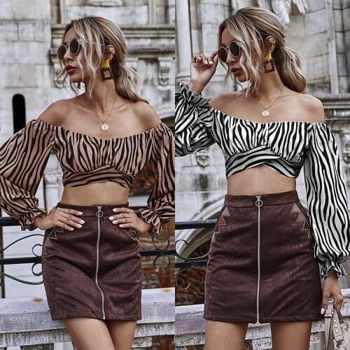 2020 Tiger Print Ruffle elastic bubble long sleeve high waisted cross waist sexy Strapless top