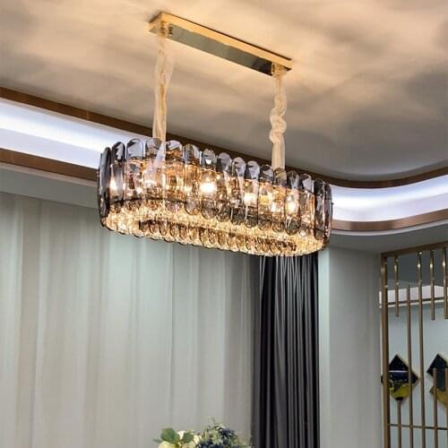 Dining Room Modern Gray K9 Crystal Led Pendant Lights Luxury Oval Gold Lustre Metal Pendant Lamp Chain Hanging Lamp Fixtures