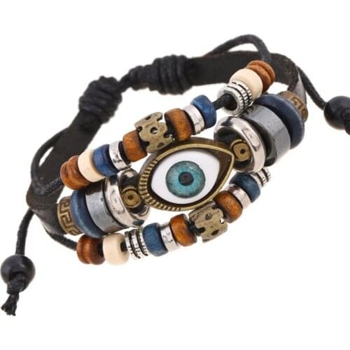 Vintage Retro Evil Eye Beads Bracelet Multilayer Rope Leather Alloy Charm Wristband Ethnic Wrap Bangle Men Women Fashion Jewelry