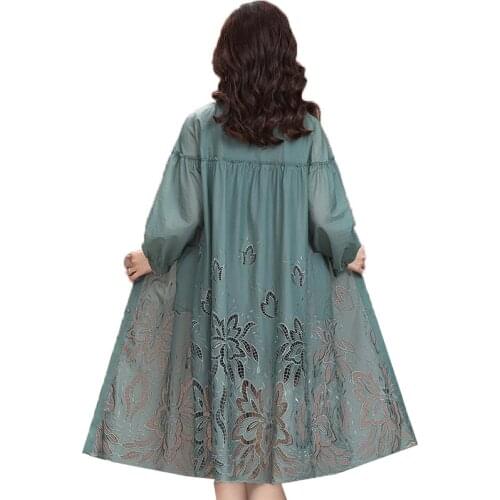 High-end Embroidery Plus size Windbreaker Womens Mid-Long Thin Hollow Coat Female Tops 2021 Summer Mother Sunscreen Clothing