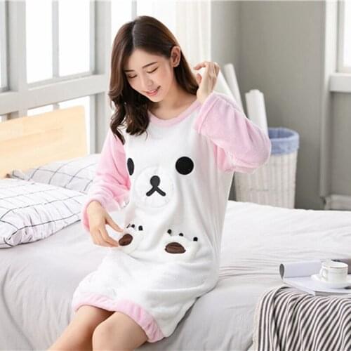 2021 Winter Long Sleeve Cute Cartoon Thick Warm Flannel Nightgown for Women Coral Velvet Sleepwear Night Dress Nightdress Nighty