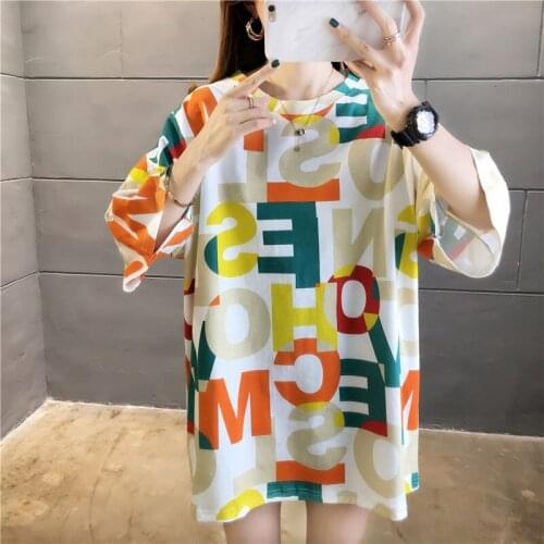 QRWR Women T Shirt 2021 Korean Summer O Neck Letter Print Preppy Style Womens Top Short Sleeve Straight Oversized T Shirt