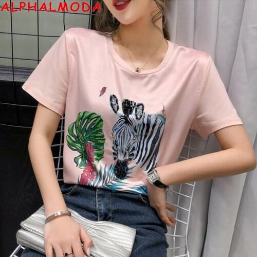 ALPHALMODA 2020 Summer Trendy Tshirts Vogue Fashion Heavy-work Beaded Animal Print Tee Tops