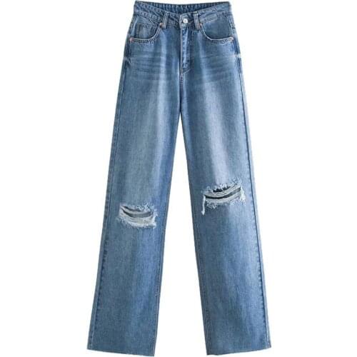 2021 Women Chic Fashion Ripped Hole Wide Leg Jeans Vintage High Waist Zipper Fly Denim Pants Female Trousers Mujer