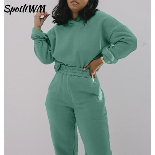 SpotLtWM Fashion Fleece Two Piece Set Women Solid Hooded Sweatshirt And High Waist Pants Suit Casual Female Tracksuit Outfit