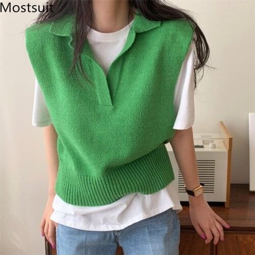 Knitted Sleeveless Sweater Vest Women Solid Vintage Korean Loose Female Pullover Tops Jumpers Femme 2021
