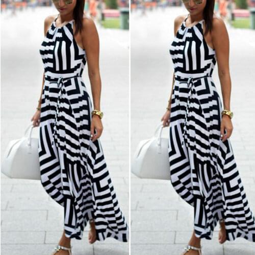 Womens Summer Round Neck Sleeveless Chiffon Long Dress with Slashes Female Straps Ankle-Length Striped Dresses