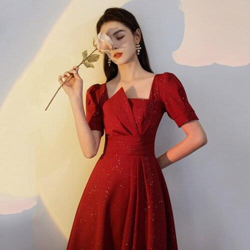 Elegant Burgundy Long A-line Evening Dresses 2021 Women Vintage Square Neck Short Sleeve Prom Gown