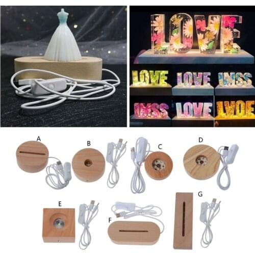 1 Pc Handmade Wood Rectangle Round Oval Shape LED Display Base Resin Art Ornament Wooden Night Lighted Base Stand Crafts