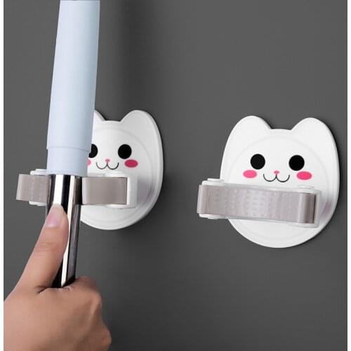 1 Pcs Cute Cat Mop Holder Rack Wall Mounted Household Plastic Broom Hanger Space Saving Kitchen Bathroom Organizer