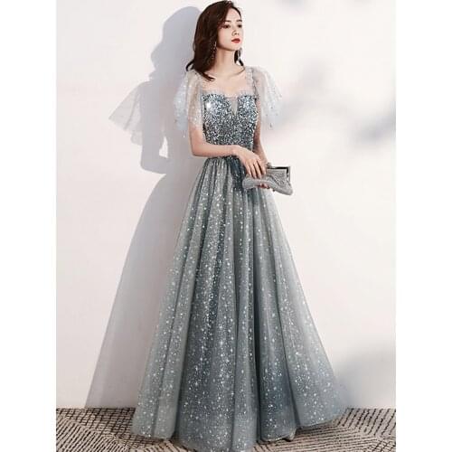2021 Elegant Luxury Sequin Birthday Long Dresses Off Shoulder Shiny Prom Gowns Summer Short Sleeve Floor-Length Dress Party Club