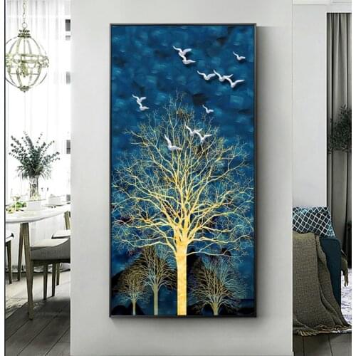 Abstract Golden Tree Blue Night Starlight Canvas Painting Nordic Wall Art Posters and Prints Decorative Wall Picture Home Decor