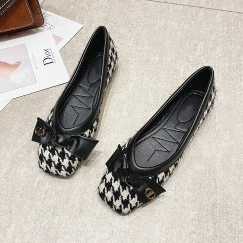 New Spring Autumn Fashion Flats Women Soft Ballet Flat Shoes Plaid Square head Bow Womens Loafers Casual Woman Black Shoes