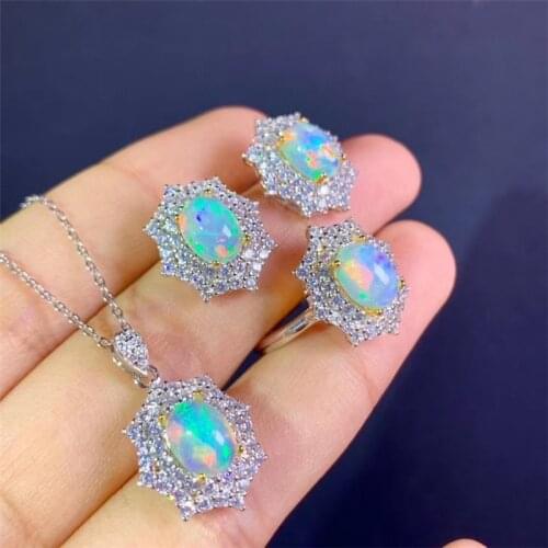 Boutique jewelry 925 sterling silver Natural Opal gemstone Ring Earring Necklace Womens Set Support detection