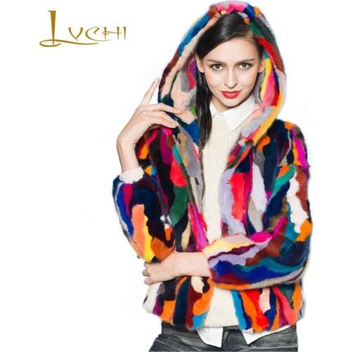 LVCHI 2019 Short Fur Coat Women Rainbow color Natural mink Fur coats Fashion With a Hat Autumn&winter Fur Slim coat female