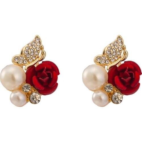 Fashion Charming Trendy Cute Red Rose Wedding Earrings Crystal Rose Flower Earrings Stud Earring Party Jewelry