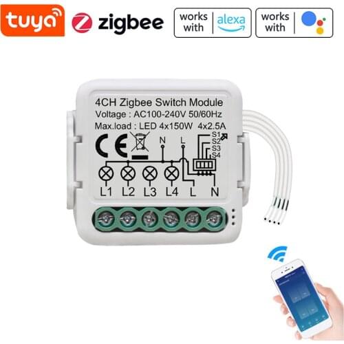 Tuya ZigBee Smart Switch Module 4 Gang Switch Smart Home Switch Modification Module for Alexa Google Home APP / Voice Control