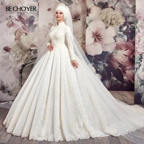 Muslim Beaded Appliques Wedding Dress BECHOYER Long Sleeve 2 In 1 Detachable Ball Gown Princess Bride Gown Vestido De Noiva AX36