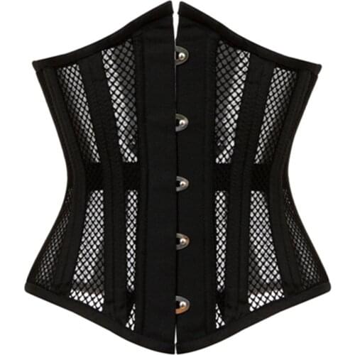 Transparent Hollow Net underbust Corset Waist cincher Bustier Black outwear Steel Boned lingerie S-2XL