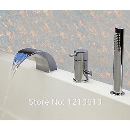 Newly US Free Shipping 3Pcs Bathroom Waterfall Bathtub Faucet With Shower Hand LED Color Changing Mixer Tap Deck Mount