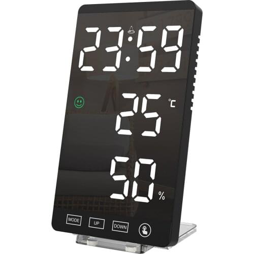 6 Inch LED Mirror Alarm Clock Touch Button Digital Clock Time Temperature Humidity Display USB Output Port Table Clock