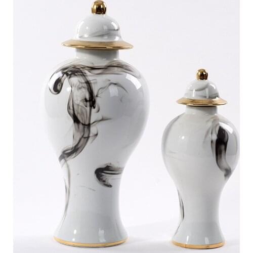 Now Home Decoration Ceramic Ginger Jar Ornaments Ink-painted Gold Bordered Crafts Storage Jar Living Room Decoration Accessories