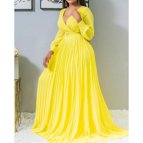 Yellow High Waist Shows Thin Pure Color Temperament Retro Chiffon Long Sleeve Dress