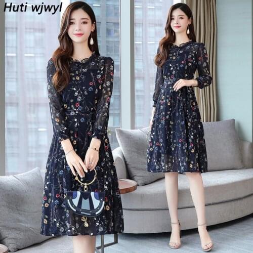 2021 Vintage 3XL Plus Size Floral Chiffon Midi Dresses Autumn Winter Print Long Sleeve Dress Elegant Women Bodycon Party Vestido