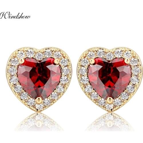 Yellow Gold Color Peach Heart Red AAA CZ Paved Crystals Stud Earrings for Women Girls Fashion Luxury Jewelry Wedding Party Aros