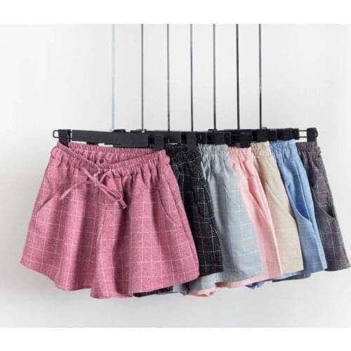 7 Colors Plaid Shorts 2016 Summer Style New Fashion Casual Loose Elastic Waist All-Match Women Cotton Linen Shorts 4348