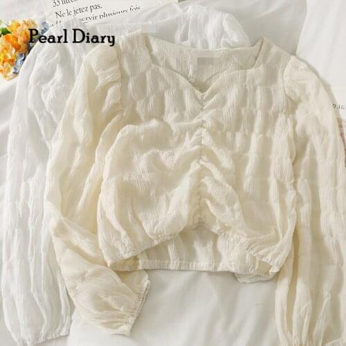 Pearl Diary Women Casual Long Sleeve Tops Spring Crinkle V Neck Tops Ruched Front Elasticated Bottom Sweet Going Out Tops