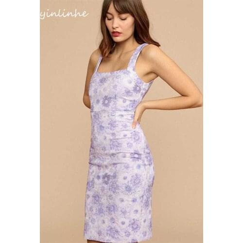 Yinlinhe Blue Floral Elegant Slim Sundress Women Sexy Bodycon Midi Dress French Style Vintage Summer Dresses Party Wear 2164