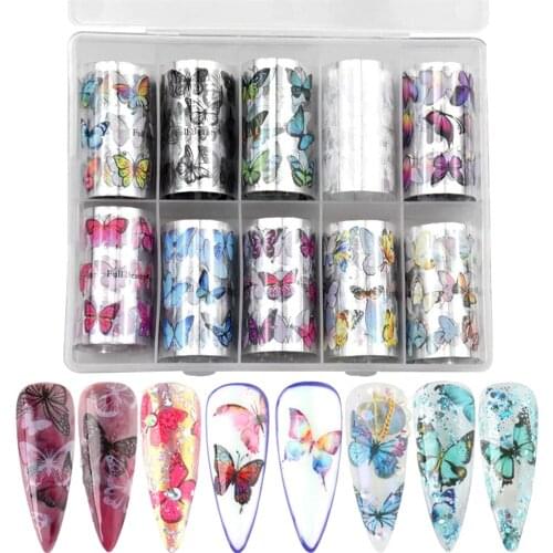 10Rolls Butterfly Flower Design Foil For Nail Starry Sky Transfer Paper Decal UV Gel Nail Polish Sticker Nail Art Decor
