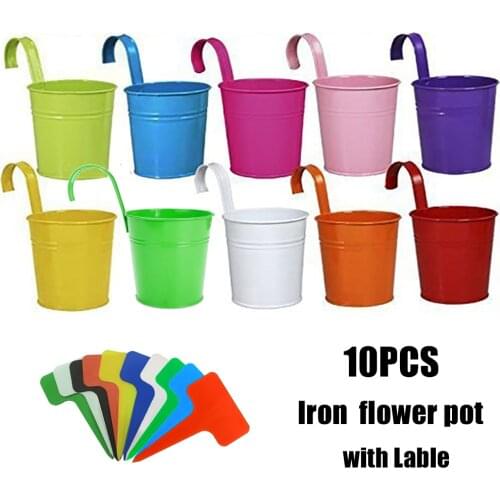 10 Pcs/Pack Metal Iron Flower Pot Vase with Detachable Handle Hanging Corridor Aisle Balcony Garden Home Office Decor 10 Colors