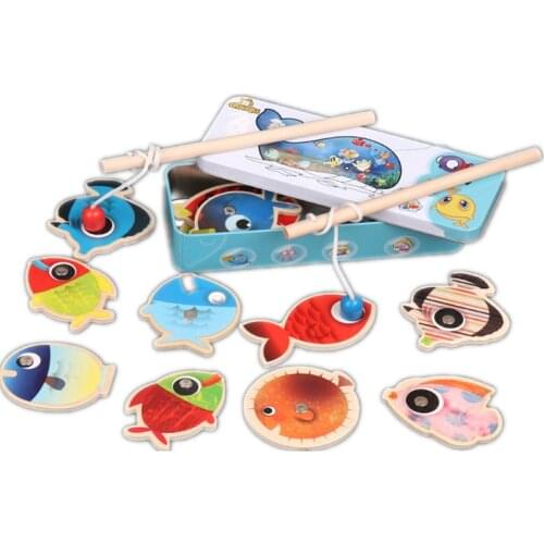 14Pcs Baby Toys Fishing Toys Wooden Magnetic Fish Toy Outdoor Toys Play with Kids Kindergarten Educational Funny Game Boys Girls