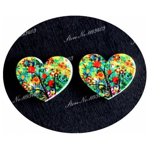 16mm Trees Heart Shape Image Painted Wooded Laser Cut Cabochon to make Rings, Earrings, Bobby pin, pendant