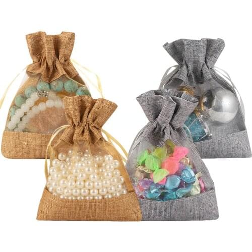 50pcs Burlap Jewelry Gift Bags with Drawstring Pouches Organza Sachet Candy Bag for Wedding Party Birthday Christmas