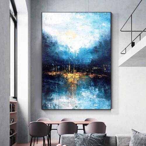 100% handmade abstract large blue oil painting modern mural living room decoration painting large size can be customized