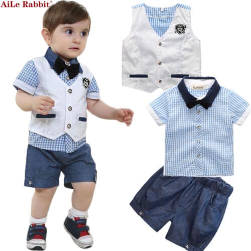 AiLe Rabbit Boys Baby Clothing Suit Gentleman Suits Vest T Shirt Short 3pcs Plaid Bow Shorts Summer Set Kids Fashion k1