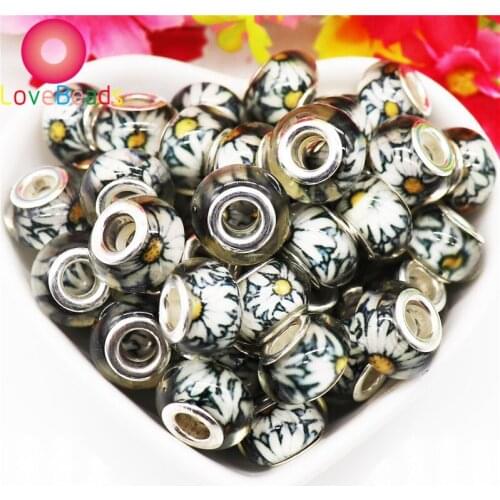 50pcs Color Flower European Style Large Hole Charm Beads Round Silver Plated Core Fit Pandora Charms Bracelet DIY Jewelry Making